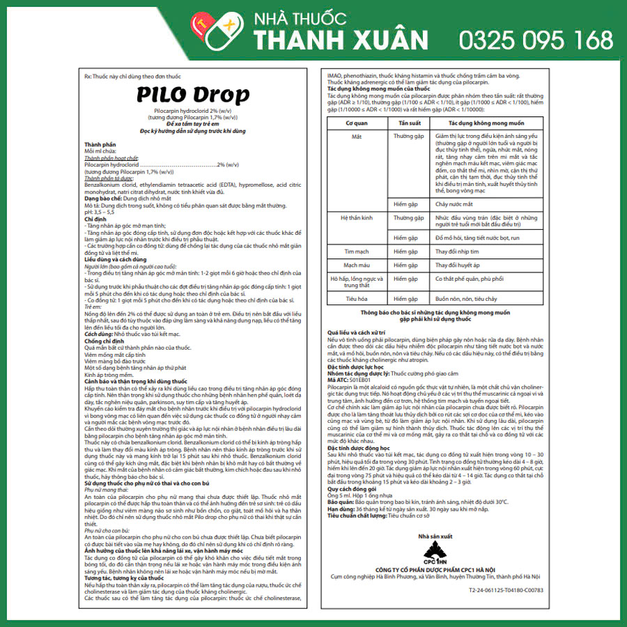 Pilo Drop thuốc điều trị tăng nhãn áp hoặc các trường hợp cần co đồng tử